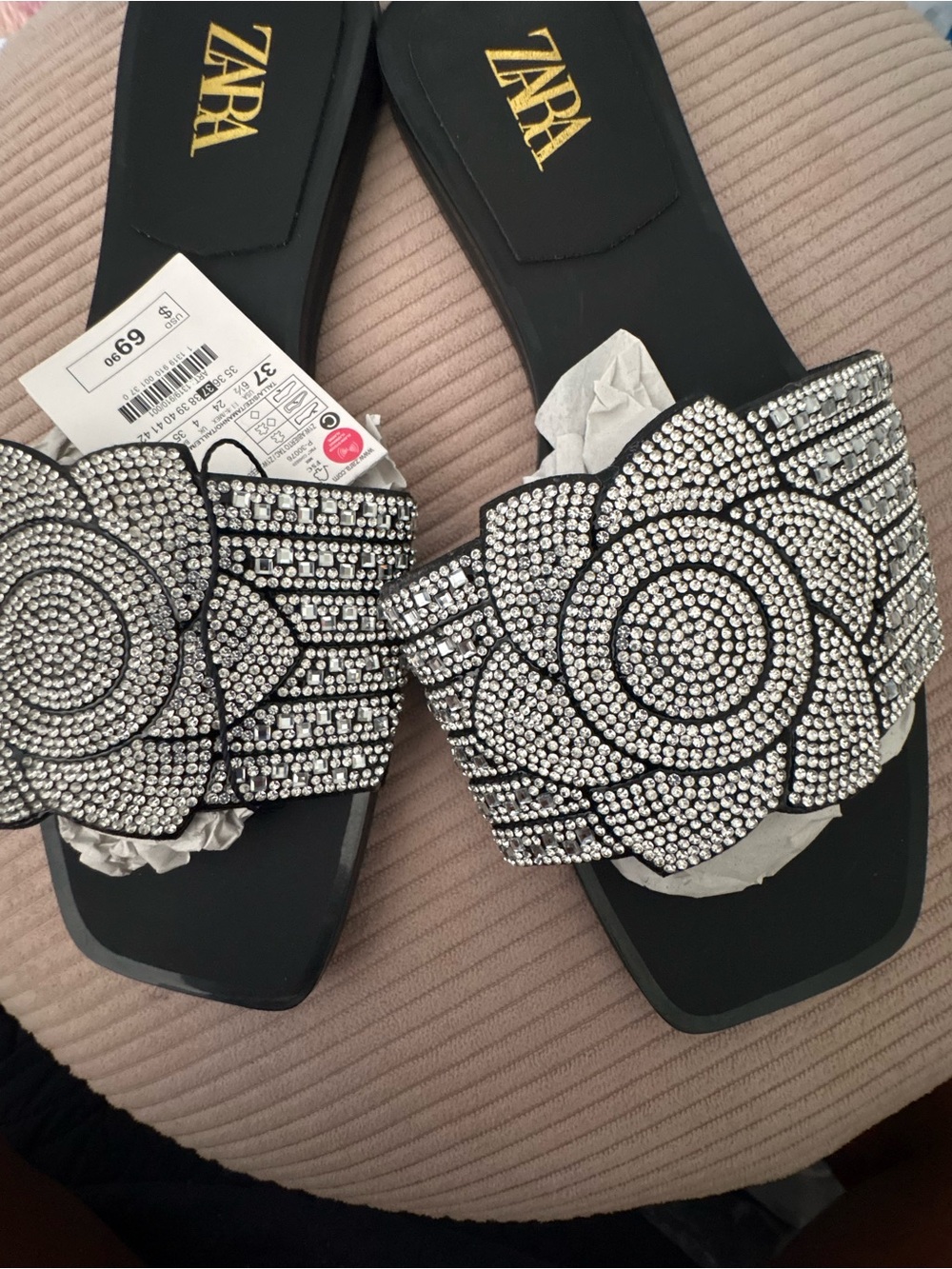 ZARA Black Sandal Slides with Silver Crystal Floral Motif